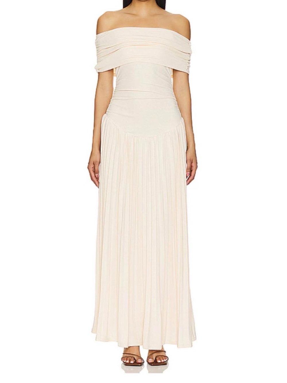 REVOLVE One-Shoulder Cream Pleated Maxi Dress